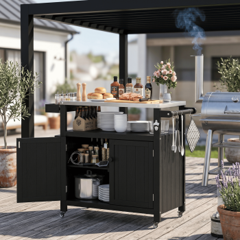 AwayHome HIPS Outdoor Kitchen Island Grill Cart with Storage Cabinet, Stainless Steel Top, Wheels & Hooks