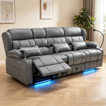 4-Seater Power Recliner Sofa with Dual Consoles, Massage & Heat, LED Theater Seating with Bluetooth Speaker, USB Charging, Cup Holders, 360°Tray Table & Phone Holder, Faux Leather
