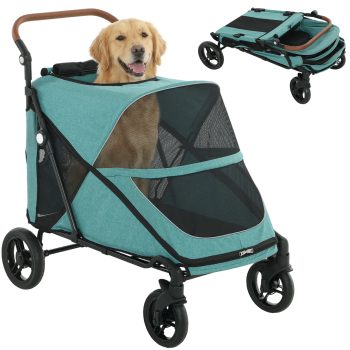 Large Dog Stroller - 66lbs Capacity, All-Terrain, One-Hand Fold - Oxford Fabric, Adjustable Handle, Green - for Senior & Recovering Dogs