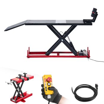 KFFKFF Motorcycle Lift Table, 1500 lbs Capacity, Electric Hydraulic Pump with Scissor Lift Jack, Adjustable Wheel Chock, 9.05"-41.73" Height Range, 78.3" x 26.3" Durable Repair Stand for Dirt Bike