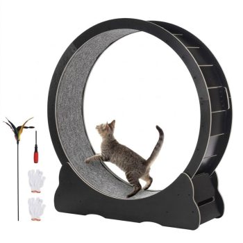 43.3" Large Wooden Cat Exercise Wheel, Cat Treadmill with Detachable Carpet, Black