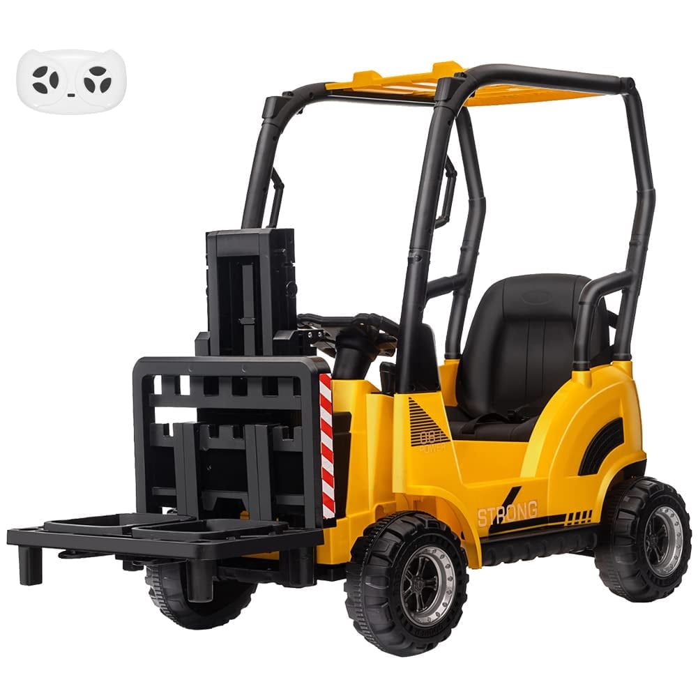 TROPOW Kids Cars Electric Ride On,12V Kids Ride on Forklift Car with Tent, Electric Ride On Construction Car with Remote Control, Liftable Fork and Pallet, 2 Speeds, Music, USB,Yellow