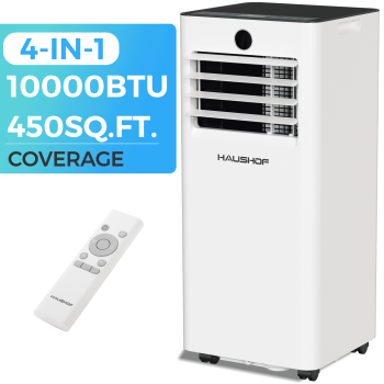 HAUSHOF 10,000 BTU ASHRAE (6,000 BTU DOE) Portable Air Conditioner for Rooms up to 450 Sq.Ft, 4-in-1 Portable AC Unit with Cool, Fan, Dry & Sleep Modes, Remote Control, Window Kit Included, White