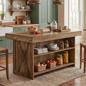 Finmind Kitchen Island with Storage Shelves, 55-Inch Farmhouse Island Table with Seating, Counter Height Table for Kitchen, Dining Room,