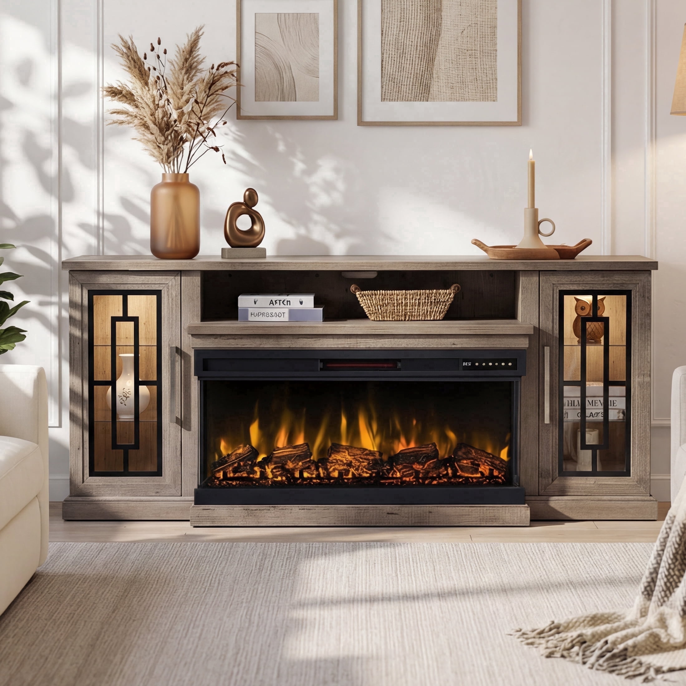 FlowSun Fireplace TV Stand for 80/85 inch TVs with 40" 3-Side Glass Electric Fireplace Highboy Modern LED Media Entertainment Console,Gray Wash
