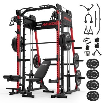 Mikolo M11 Smith Machine, Complete Starter Home Gym Package, 2200 lbs Power Rack with 230LBS Plates and Weight Bench, Total Body Strength Training Cage