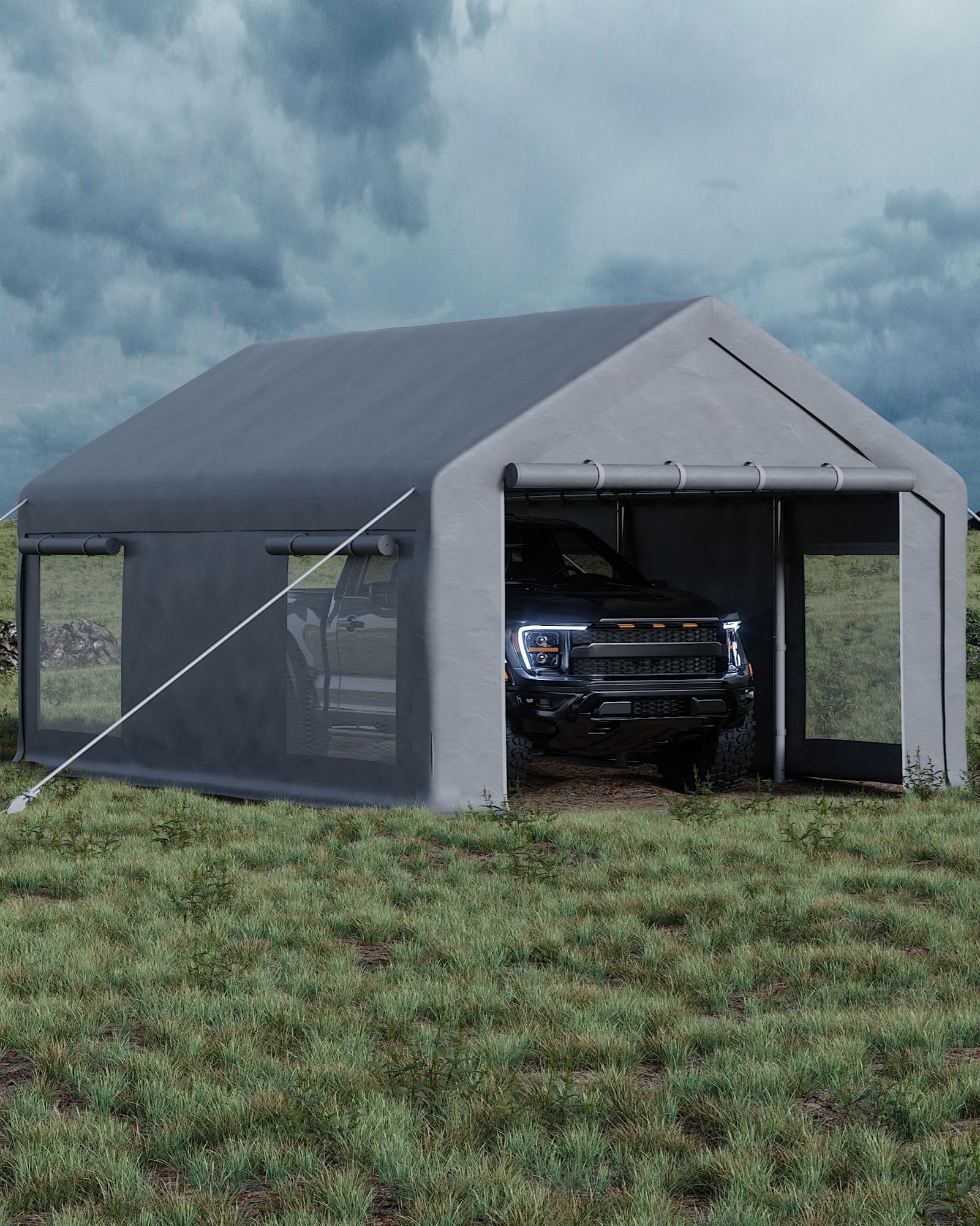 Carport Garage for Outdoor Storage, 12x20 FT Portable Shelter with 200g PE Tarp Canopy, 2 Roll-Up Doors & 4 Windows, Khaki