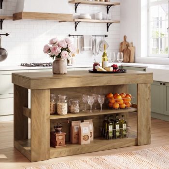 Finmind 55" Farmhouse Kitchen Island with 2 Storage Shelves, Counter Height Table with Seating