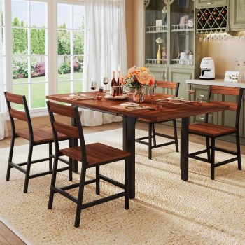 Dining Table Set for 4, Extendable Kitchen Table Set and 4 Chairs, Curved Backrest, Dining Room Table with MDF Board & Metal Frame, for Small Apartment Saving Space, Easy Assembly, Walnut