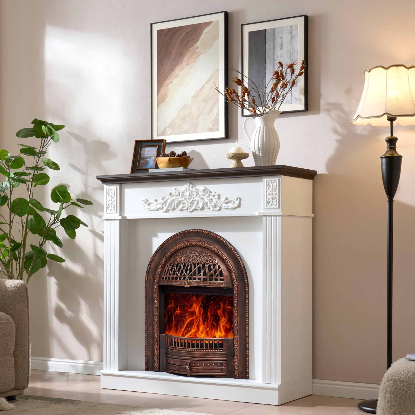 45" Electric Fireplace with Mantel, Farmhouse FreeStanding Electric Fireplace Heater Entertainment Center Wooden TV Stand, 30'' Fireplace Insert Heater for Living Room,Bedroom-Bronze Heater