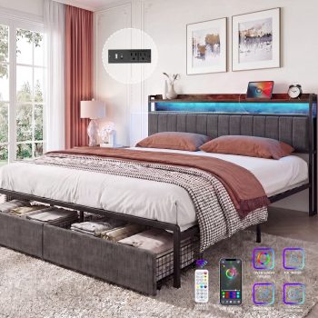 Furnibear LED Bed Frame with Upholstered Storage Headboard and Drawers, LED Platform Bed with Charging Station, No Box Spring Needed