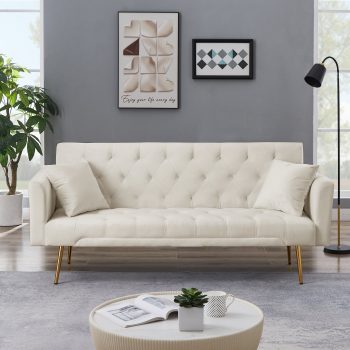 71 Inches Velvet Futon Sofa Bed with 2 Pillows,Modern Convertible Futon Couch with 3 Adjustable Backrest Angles and Gold Metal Feet,Suitable for Apartment,Living Room,Small Space,Beige