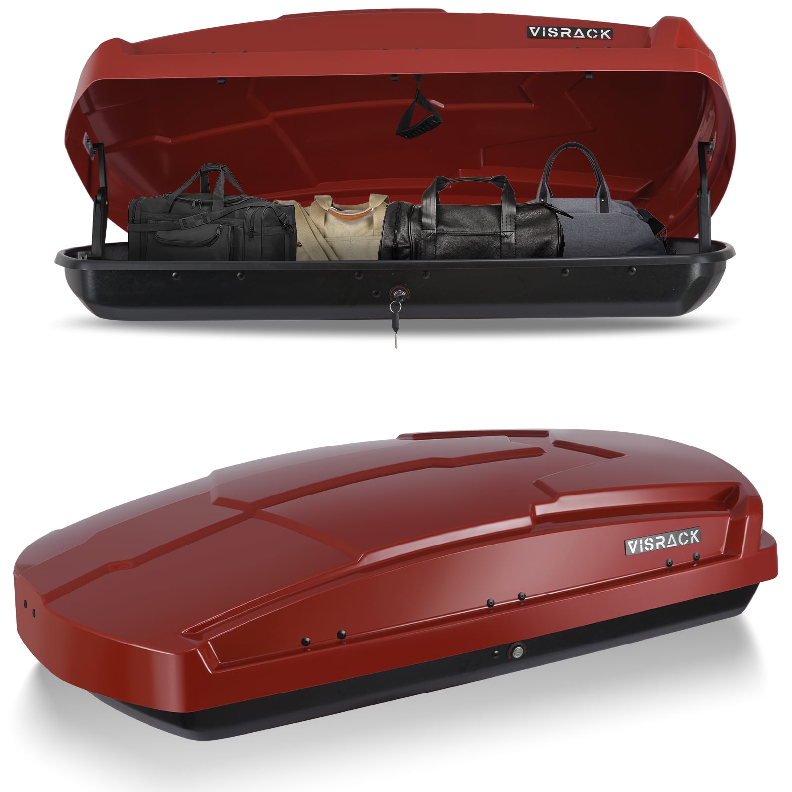 WLVOS Rooftop Cargo Box, Hard Shell Roof Cargo Carrier with Security Keys, 58.3 (L) x35.4 (W) x 13(H) Inches, 15.5 Cubic Feet (Tool-Free Install), RED