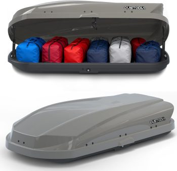 Dual-Side Opening 14 Cubic Feet Storage, Durable ABS and PMMA Material, Gray Roof Box with Security Keys, Tool-Free Installation, Double-Sided Opening, 63" L x 33" W x 14" H