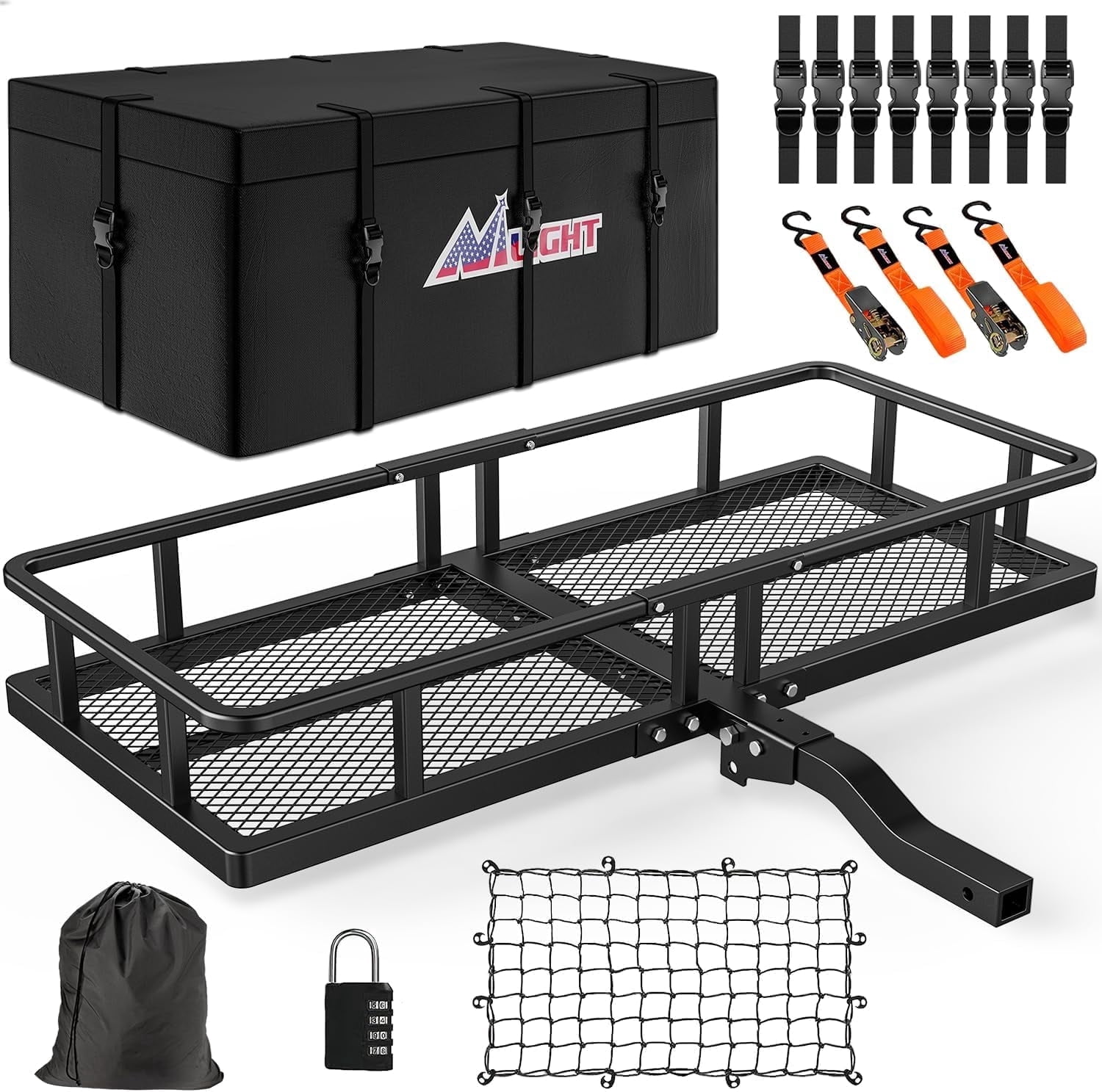 Nilight 60" x 24"x 7.87" Folding Hitch Cargo Carrier Fits 2-inch Hitch Receiver 500 Lbs Capacity Soft Waterproof Cargo Bag Cargo Net Ratchet Straps for SUV Pickup RV‘s Vans Cars
